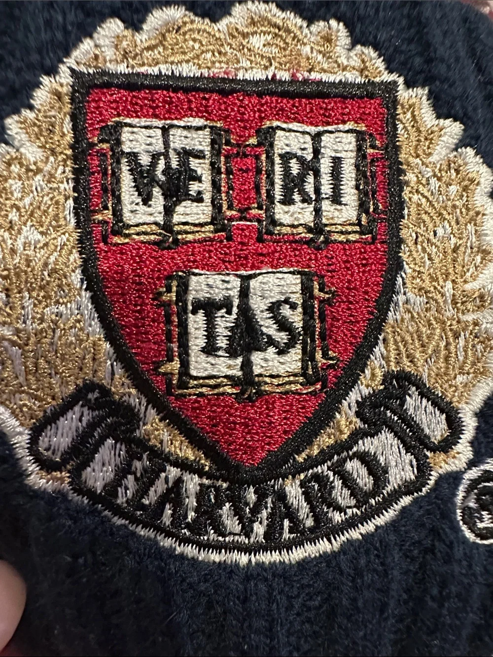 HARVARD  Navy Red White Pom Beanie Hat with Crest
